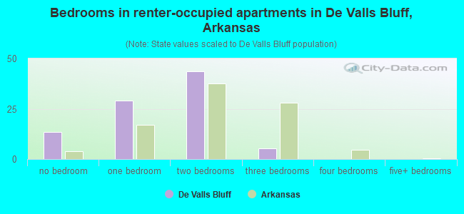 Bedrooms in renter-occupied apartments in De Valls Bluff, Arkansas