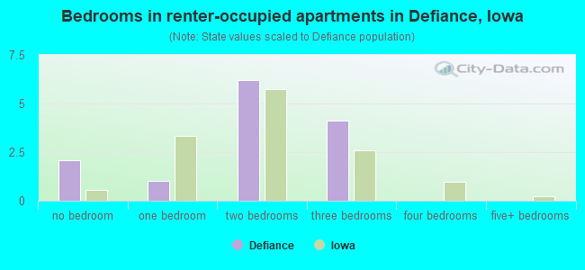 Bedrooms in renter-occupied apartments in Defiance, Iowa