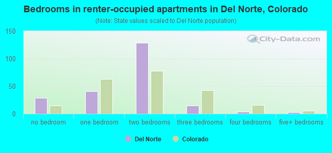 Bedrooms in renter-occupied apartments in Del Norte, Colorado