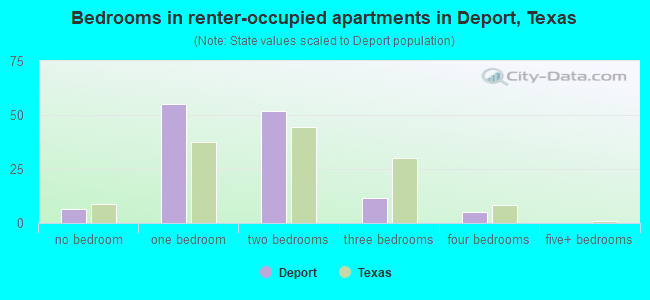 Bedrooms in renter-occupied apartments in Deport, Texas