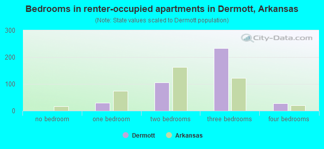 Bedrooms in renter-occupied apartments in Dermott, Arkansas