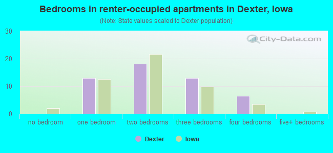 Bedrooms in renter-occupied apartments in Dexter, Iowa