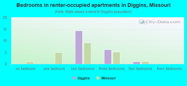 Bedrooms in renter-occupied apartments in Diggins, Missouri