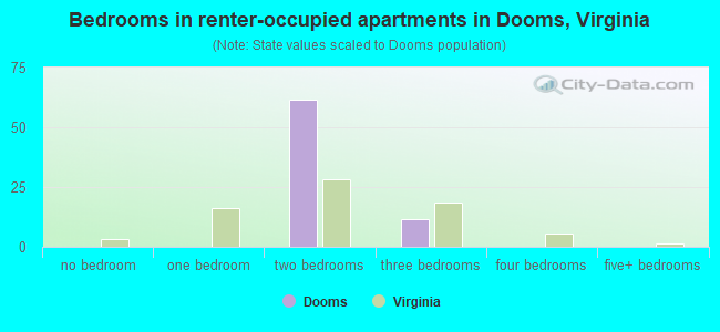 Bedrooms in renter-occupied apartments in Dooms, Virginia