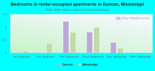 Bedrooms in renter-occupied apartments in Duncan, Mississippi