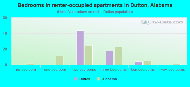 Bedrooms in renter-occupied apartments in Dutton, Alabama