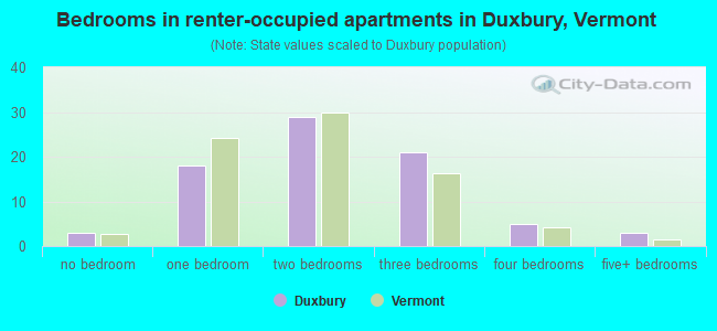 Bedrooms in renter-occupied apartments in Duxbury, Vermont