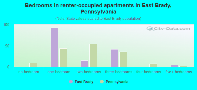 Bedrooms in renter-occupied apartments in East Brady, Pennsylvania