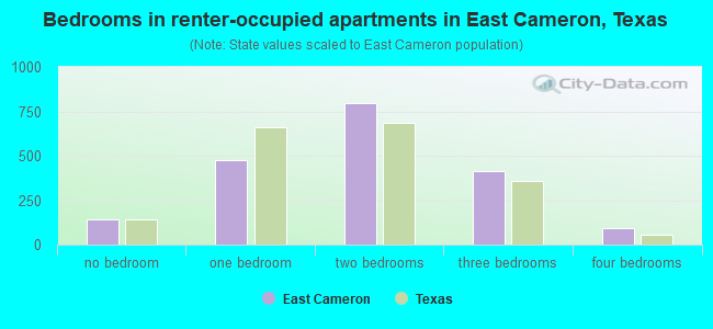 Bedrooms in renter-occupied apartments in East Cameron, Texas