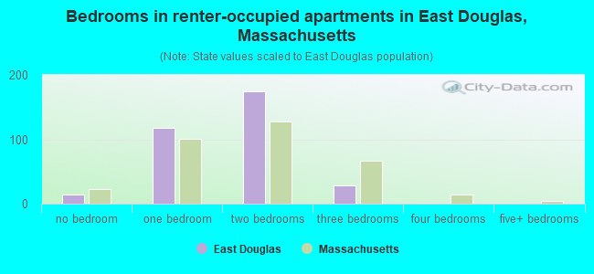 Bedrooms in renter-occupied apartments in East Douglas, Massachusetts