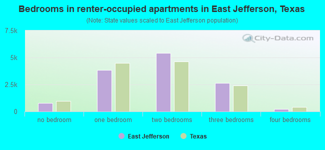 Bedrooms in renter-occupied apartments in East Jefferson, Texas