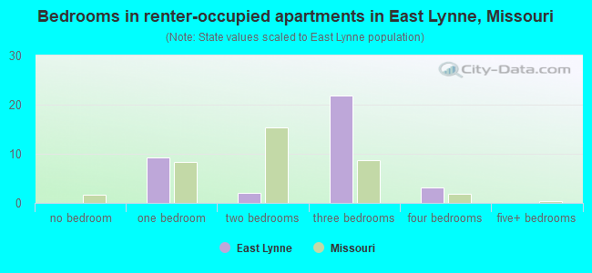 Bedrooms in renter-occupied apartments in East Lynne, Missouri