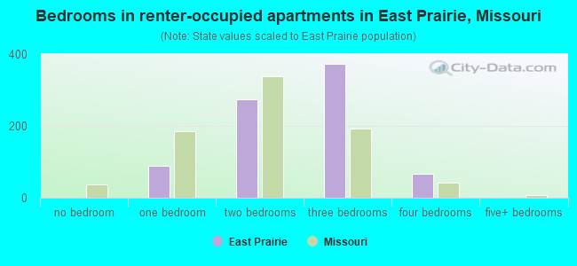 Bedrooms in renter-occupied apartments in East Prairie, Missouri