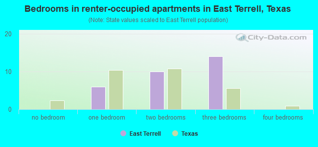 Bedrooms in renter-occupied apartments in East Terrell, Texas