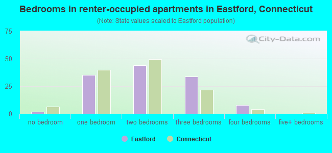 Bedrooms in renter-occupied apartments in Eastford, Connecticut