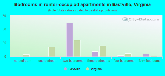 Bedrooms in renter-occupied apartments in Eastville, Virginia