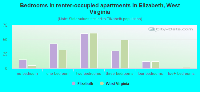 Bedrooms in renter-occupied apartments in Elizabeth, West Virginia