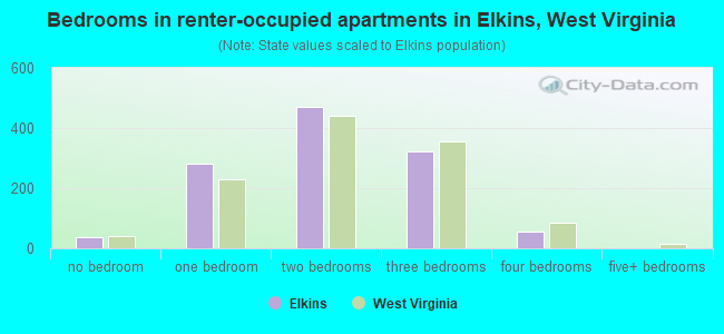 Bedrooms in renter-occupied apartments in Elkins, West Virginia