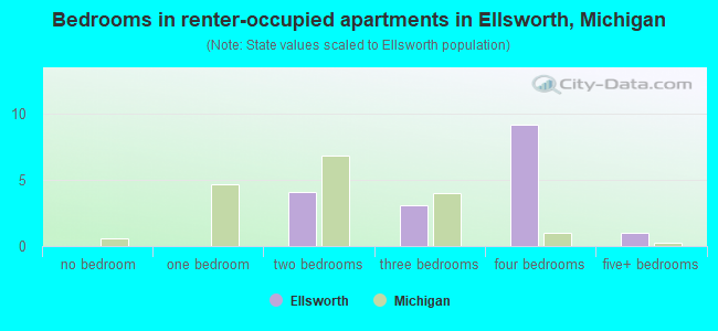Bedrooms in renter-occupied apartments in Ellsworth, Michigan