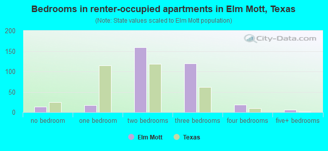 Bedrooms in renter-occupied apartments in Elm Mott, Texas