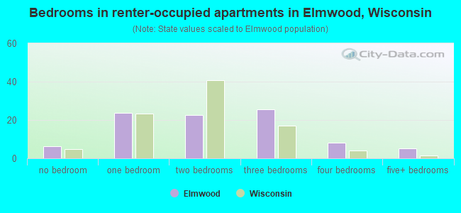 Bedrooms in renter-occupied apartments in Elmwood, Wisconsin
