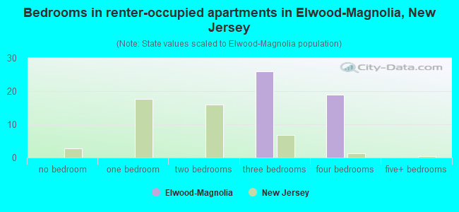 Bedrooms in renter-occupied apartments in Elwood-Magnolia, New Jersey