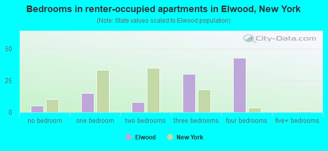 Bedrooms in renter-occupied apartments in Elwood, New York