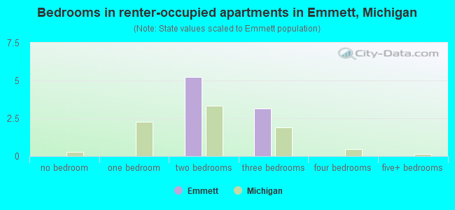 Bedrooms in renter-occupied apartments in Emmett, Michigan