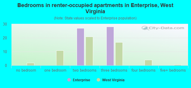 Bedrooms in renter-occupied apartments in Enterprise, West Virginia