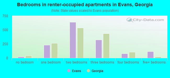 Bedrooms in renter-occupied apartments in Evans, Georgia