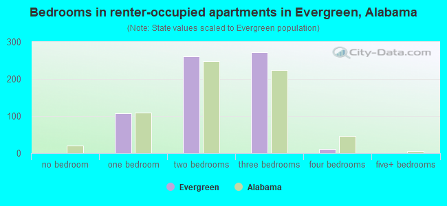 Bedrooms in renter-occupied apartments in Evergreen, Alabama