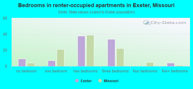 Bedrooms in renter-occupied apartments in Exeter, Missouri