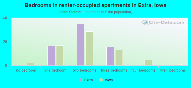 Bedrooms in renter-occupied apartments in Exira, Iowa