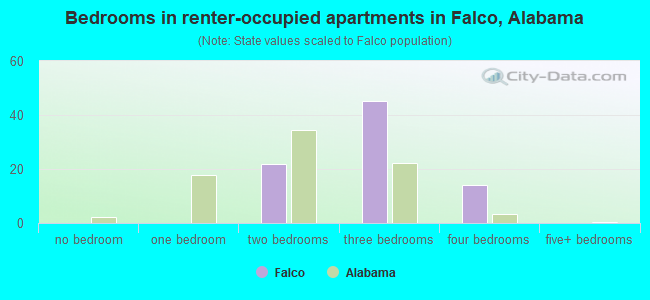 Bedrooms in renter-occupied apartments in Falco, Alabama