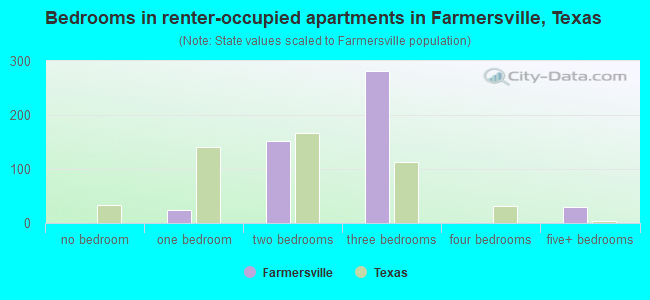 Bedrooms in renter-occupied apartments in Farmersville, Texas