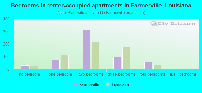 Bedrooms in renter-occupied apartments in Farmerville, Louisiana