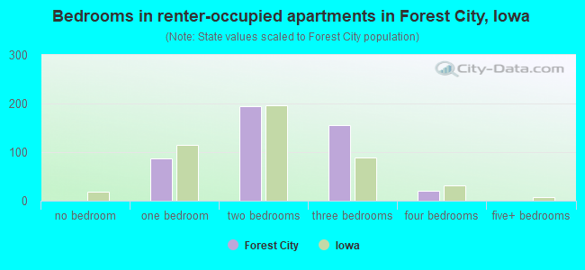 Bedrooms in renter-occupied apartments in Forest City, Iowa