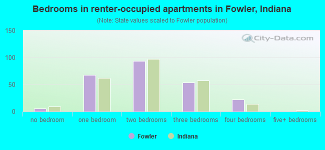 Bedrooms in renter-occupied apartments in Fowler, Indiana