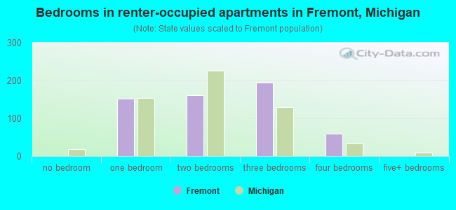Bedrooms in renter-occupied apartments in Fremont, Michigan