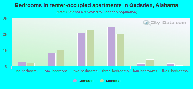Bedrooms in renter-occupied apartments in Gadsden, Alabama