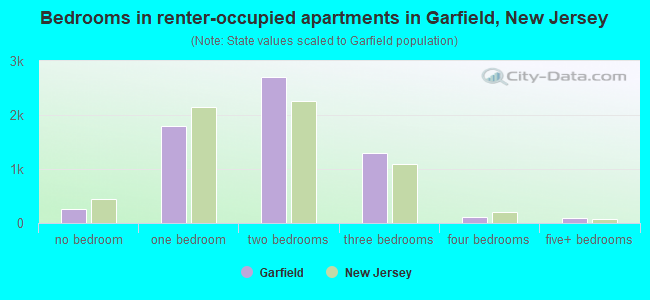 Bedrooms in renter-occupied apartments in Garfield, New Jersey