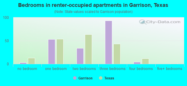 Bedrooms in renter-occupied apartments in Garrison, Texas