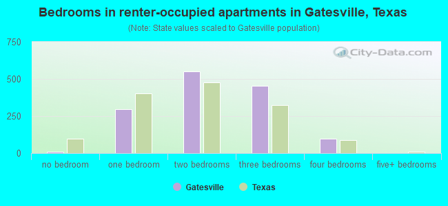 Bedrooms in renter-occupied apartments in Gatesville, Texas