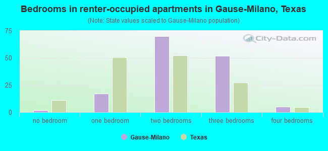 Bedrooms in renter-occupied apartments in Gause-Milano, Texas
