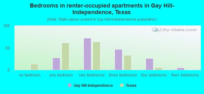 Bedrooms in renter-occupied apartments in Gay Hill-Independence, Texas