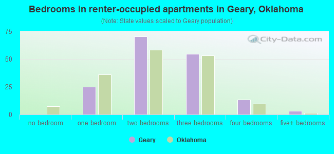 Bedrooms in renter-occupied apartments in Geary, Oklahoma