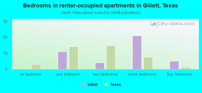 Bedrooms in renter-occupied apartments in Gillett, Texas