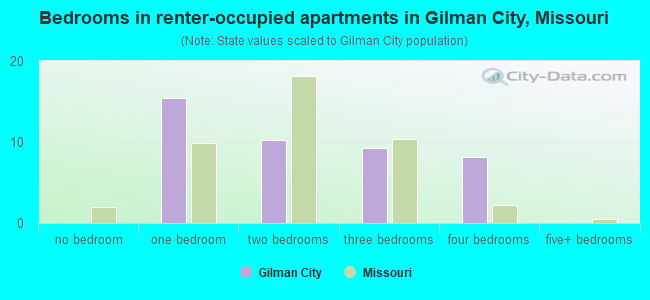 Bedrooms in renter-occupied apartments in Gilman City, Missouri