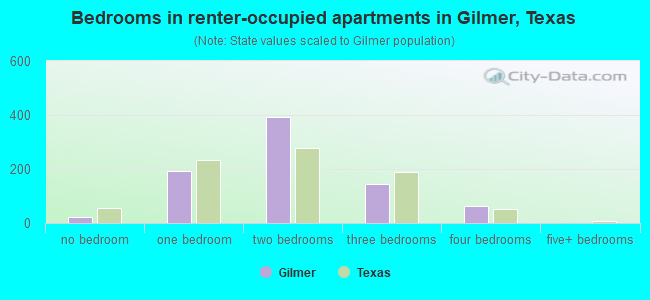 Bedrooms in renter-occupied apartments in Gilmer, Texas