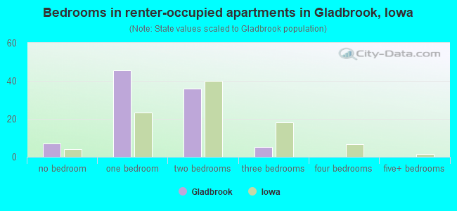 Bedrooms in renter-occupied apartments in Gladbrook, Iowa